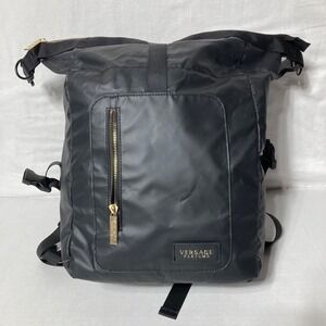 Versace Parfums Black Backpack Tote Bag Gold Greek Key‎ Straps